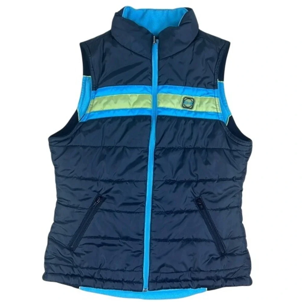 Le Tigre Y2K‎ Unisex Reversible Puffer Fleece Vest Black Blue Lime Green Size M